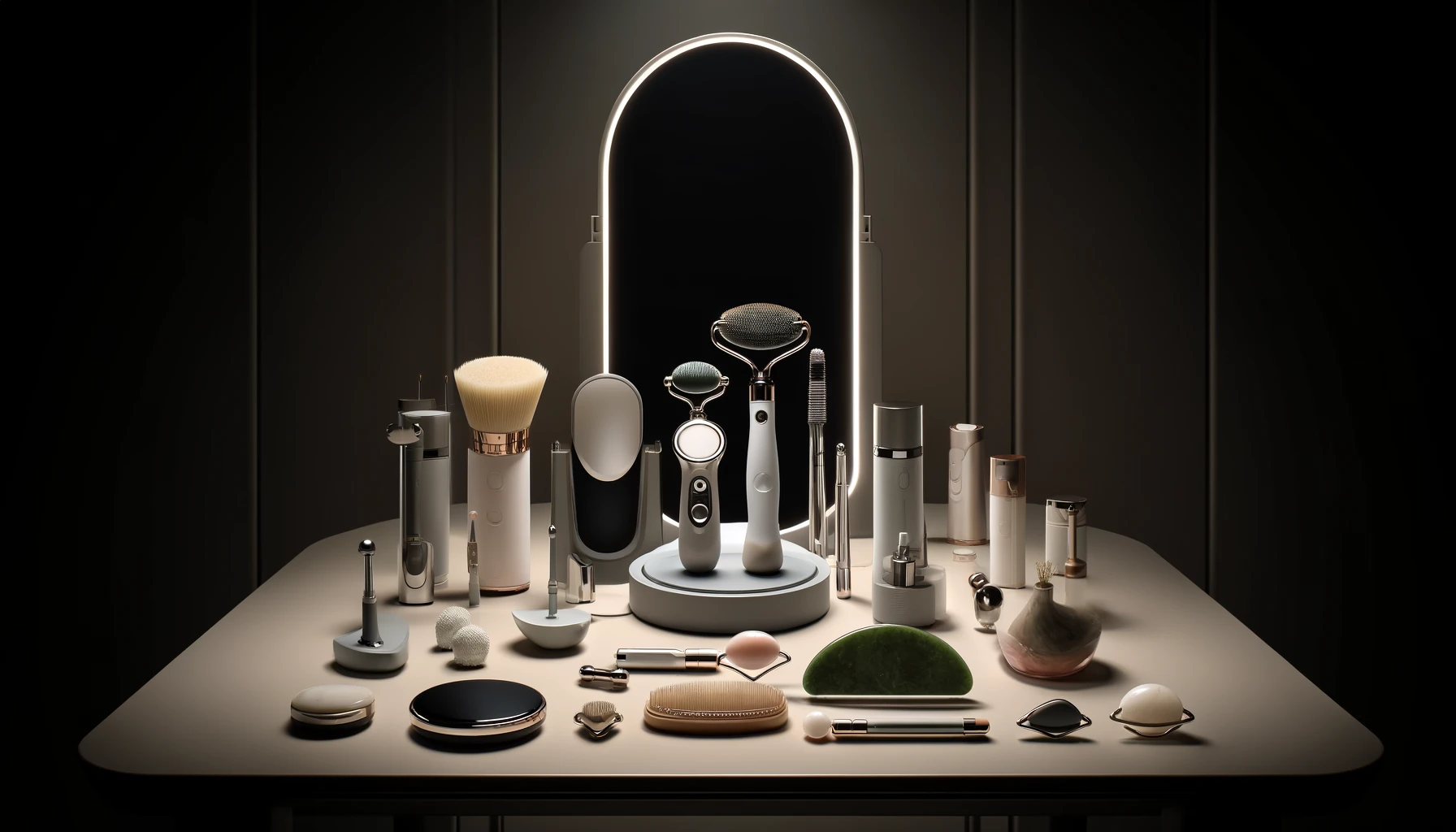 a vanity table set against a neutral background, adorned with a facial toning device, a smart facial cleansing brush, a gua sha tool, and a jade roller.